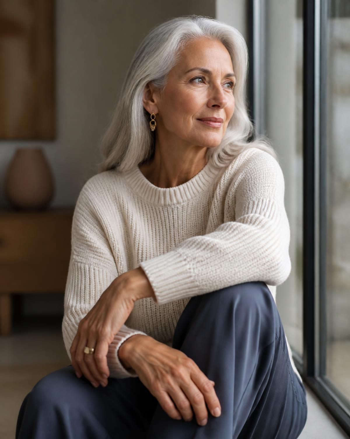 A woman in her sixties sitting thoughtfully by a sunlit window